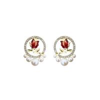 Tibetan Style Stud Earring, with Plastic Pearl, Rose, gold color plated, Korean style & for woman & with rhinestone & hollow, 18x23mm, Sold By Pair