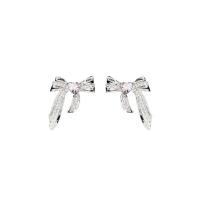 Tibetan Style Stud Earring, Bowknot, silver color plated, Korean style & for woman & with rhinestone, 25x28mm, Sold By Pair