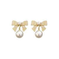 Plastic Pearl Drop Earring with Zinc Alloy Bowknot gold color plated Korean style & for woman Sold By Pair