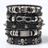Cowhide Bracelet Set, with PU Leather & Tibetan Style, Skull, plated, 5 pieces & for man, Length:Approx 11 Inch, Sold By Set