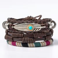 Cowhide Bracelet Set, with turquoise & Wax Cord & Tibetan Style, Feather, plated, multilayer & folk style & Unisex, coffee color, Length:Approx 7 Inch, Sold By Set