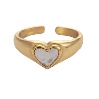 Partículas de aço Cuff Ring Finger, with concha branca, Coração, Banhado a ouro 14K, joias de moda & para mulher, tamanho:6, vendido por PC
