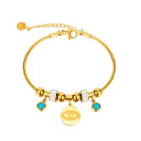 Stainless Steel Jewelry Bracelet, 304 Stainless Steel, with turquoise, with 5cm extender chain, Vacuum Ion Plating, fashion jewelry & evil eye pattern & for woman & with cubic zirconia, golden, 8mm, Length:17 cm, Sold By PC