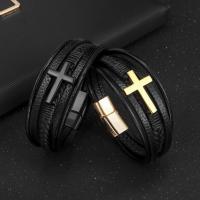 PU Leather Cord Bracelets with Zinc Alloy Cross multilayer & for man Length Approx 8.27 Inch Sold By PC