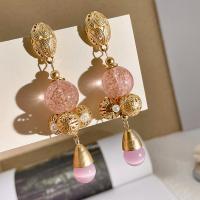 Zinc Alloy Drop Earrings with Cats Eye & Rose Quartz real gold plated fashion jewelry & for woman golden nickel lead & cadmium free 85mm Sold By Pair