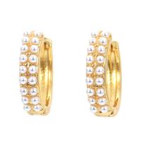 Brass Huggie Hoop Earring with Plastic Pearl Donut plated for woman nickel lead & cadmium free Sold By Pair
