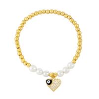Evil Eye Jewelry Bracelet Brass with Plastic Pearl Heart plated micro pave cubic zirconia & enamel nickel lead & cadmium free Length 17 cm Sold By PC
