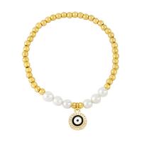 Bracelet Evil Eye bijoux, laiton, avec perle de plastique, Mauvais œil, Placage, pavé de micro zircon & émail, plus de couleurs à choisir, protéger l'environnement, sans nickel, plomb et cadmium, 13x11mm, Longueur:17 cm, Vendu par PC