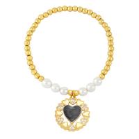 Brass Bracelet & Bangle with Plastic Pearl Heart plated micro pave cubic zirconia & enamel nickel lead & cadmium free Length 17 cm Sold By PC