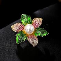 Freshwater Pearl Brooch, Brass, with Freshwater Pearl, Flower, Vacuum Ion Plating, fashion jewelry & micro pave cubic zirconia & for woman, golden, nickel, lead & cadmium free, 38mm, Sold By PC