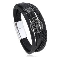 PU Leather Bracelet, with Magnet & Tibetan Style, Tree, antique silver color plated, multilayer & for man, black, Length:Approx 8.5 Inch, Sold By PC