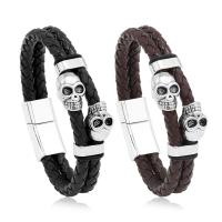 PU Leather Cord Bracelets with Magnet & Zinc Alloy Skull plated punk style & for man Length Approx 8.5 Inch Sold By PC