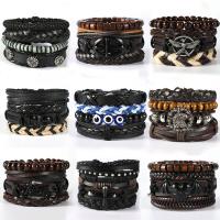 Tibetan Style Bracelet Set, with PU Leather & Wood, plated, vintage & multilayer & different styles for choice & for man, Length:Approx 6.7-7 Inch, Sold By Set