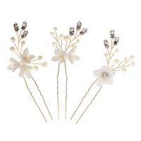 Hair Stick Zinc Alloy with Polymer Clay & Plastic Pearl gold color plated three pieces & fashion jewelry & for woman & with rhinestone two different colored 105mm Sold By Set