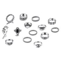 Juego de anillos de aleación de zinc, chapado en color de plata, 14 piezas & Joyería & para mujer & con diamantes de imitación, plateado, Vendido por Set