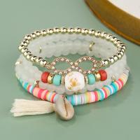 Wood Bracelets with Polymer Clay & Shell & Crystal & Zinc Alloy gold color plated 4 pieces & fashion jewelry & for woman & with rhinestone Length 18 cm Sold By Set
