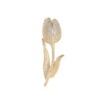 Broche zircon, laiton, Tulip, bijoux de mode & pavé de micro zircon & pour femme, doré, protéger l'environnement, sans nickel, plomb et cadmium, 16x45mm, Vendu par PC