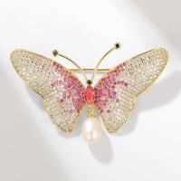 Freshwater Pearl Brooch, Brass, with Freshwater Pearl, Butterfly, Vacuum Ion Plating, fashion jewelry & micro pave cubic zirconia & for woman, more colors for choice, nickel, lead & cadmium free, 54x36mm, Sold By PC