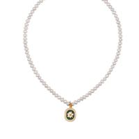 Freshwater Pearl Brass Chain Necklace, Pérolas de água doce, with cobre, with 5cm extender chain, Chrysamthemum, cromado de cor dourada, para mulher & esmalte, 17mm, comprimento Aprox 36 cm, vendido por PC