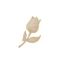 Broche bijoux de mode, laiton, Rose, pavé de micro zircon & pour femme, doré, protéger l'environnement, sans nickel, plomb et cadmium, 19x39mm, Vendu par PC