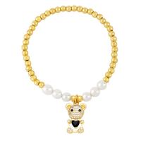 Brass Bracelet & Bangle with Plastic Pearl Bear Vacuum Ion Plating fashion jewelry & micro pave cubic zirconia nickel lead & cadmium free Length 17 cm Sold By PC