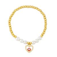 Bracelet Evil Eye bijoux, laiton, avec perle de plastique, coeur, bijoux de mode & pavé de micro zircon & émail, plus de couleurs à choisir, protéger l'environnement, sans nickel, plomb et cadmium, 14x12mm, Longueur:17 cm, Vendu par PC