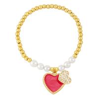 Brass Bracelet & Bangle, with Plastic Pearl, Heart, Vacuum Ion Plating, fashion jewelry & micro pave cubic zirconia & enamel, more colors for choice, nickel, lead & cadmium free, 20x22mm, Length:17 cm, Sold By PC