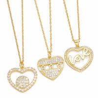Brass Necklace with 5cm extender chain Heart Vacuum Ion Plating fashion jewelry & micro pave cubic zirconia golden nickel lead & cadmium free Length 45 cm Sold By PC