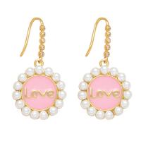 Brass Drop Earring with Plastic Pearl Round Vacuum Ion Plating fashion jewelry & micro pave cubic zirconia & enamel nickel lead & cadmium free Sold By Pair