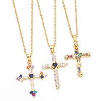 Brass Necklace, with 5cm extender chain, Cross, Vacuum Ion Plating, fashion jewelry & micro pave cubic zirconia, more colors for choice, nickel, lead & cadmium free, 37x18mm, Length:45 cm, Sold By PC