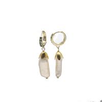 Freshwater Pearl Huggie Hoop Drop Earring with Brass 18K gold plated for woman & with rhinestone 40mm Sold By Pair