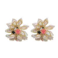 Freshwater Pearl Stud Earring with coral & Black Agate & Brass Flower 18K gold plated fashion jewelry & for woman & with rhinestone 40mm Sold By Pair