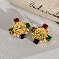 Zinc Alloy Stud Earring with Plastic Pearl gold color plated fashion jewelry & for woman & with rhinestone golden nickel lead & cadmium free 38mm Sold By Pair