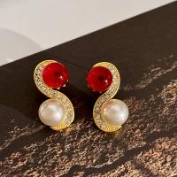 Tibetan Style Stud Earring, with Crystal & Plastic Pearl, fashion jewelry & for woman & with rhinestone, golden, nickel, lead & cadmium free, 27mm, Sold By Pair