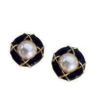 Tibetan Style Stud Earring, with Plastic Pearl, fashion jewelry & for woman, nickel, lead & cadmium free, 30mm, Sold By Pair