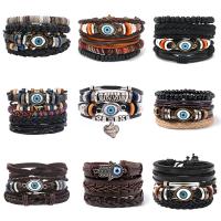 Evil Eye Jewelry Bracelet PU Leather with Wax Cord & Wood & Copper Coated Plastic & Zinc Alloy plated vintage & evil eye pattern & adjustable & for man Length Approx 18-23 cm Sold By Set