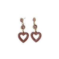 Tibetan Style Drop Earrings, Heart, Vacuum Ion Plating, fashion jewelry & with rhinestone, pink, nickel, lead & cadmium free, 29x75mm, Sold By Pair