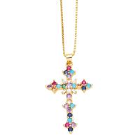Brass Necklace, with 5cm extender chain, Cross, plated, fashion jewelry & micro pave cubic zirconia, more colors for choice, nickel, lead & cadmium free, 43x24mm, Length:45 cm, Sold By PC