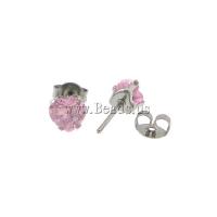 316L Stainless Steel Stud Earring, Heart, with cubic zirconia, pink, 6x6x14mm, 0.8mm, 10Pairs/Lot, Sold By Lot