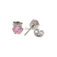 316L Stainless Steel Stud Earring, with cubic zirconia, pink, 6x6x14mm, 0.8mm, 10Pairs/Lot, Sold By Lot