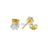 acier inoxydable 316L boucle d oreille dormeuse, Placage de couleur d'or, avec zircone cubique, blanc, 6x6x14mm, 0.8mm, 10pairescouple/lot, Vendu par lot