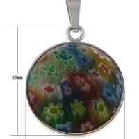 316 Stainless Steel, with Murano Millefiori Lampwork, Flat Round, original color, 21x26x6.80mm, Hole:Approx 4x7.5mm, Sold By PC