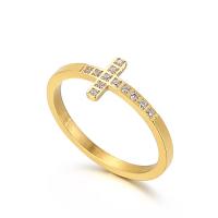 Titanium Steel Finger Ring Cross Vacuum Ion Plating & micro pave cubic zirconia & for woman 2mm US Ring Sold By PC