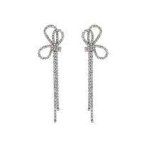 Zinc Alloy Stud Earring Bowknot fashion jewelry & for woman & with rhinestone silver color nickel lead & cadmium free 80mm Sold By Pair