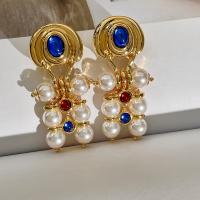 Tibetan Style Drop Earrings, with Plastic Pearl, fashion jewelry & for woman & with rhinestone, golden, nickel, lead & cadmium free, 55mm, Sold By Pair