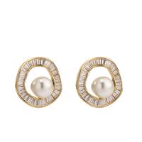 Brass Stud Earring with Plastic Pearl gold color plated fashion jewelry & micro pave cubic zirconia & for woman golden nickel lead & cadmium free Sold By Pair