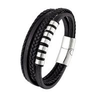 Bracelets cordon PU, cuir PU, avec acier inoxydable 316L, multicouche & longueur différente pour le choix & pour homme, noire, Vendu par PC