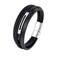 Bracelets cordon PU, cuir PU, avec acier inoxydable 316L, longueur différente pour le choix & pour homme, noire, 6x37mm, Vendu par PC
