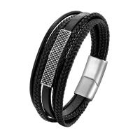 Bracelets cordon PU, cuir PU, avec acier inoxydable 316L, longueur différente pour le choix & pour homme, noire, Vendu par PC