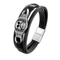 PU Leather Cord Bracelets with 316L Stainless Steel Skull punk style & for man black Sold By PC